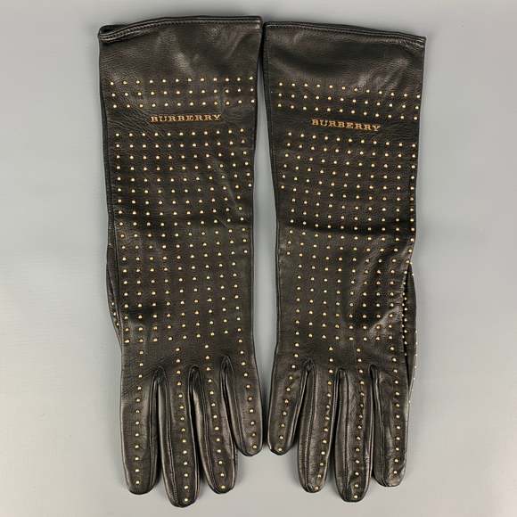 BURBERRY PRORSUM Accessories - BURBERRY PRORSUM Black Gold Studded Kidskin Leather Silk Lined Gloves